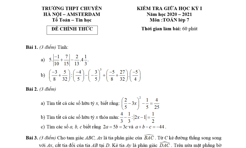 Toán 7: Đề kiểm tra giữa học kỳ 1. Trường Hà Nội Amsterdam năm học 2020-2021